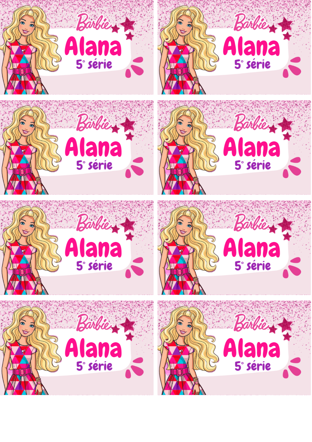 Etiquetas Escolares Barbie Rosa Editáveis para Imprimir
