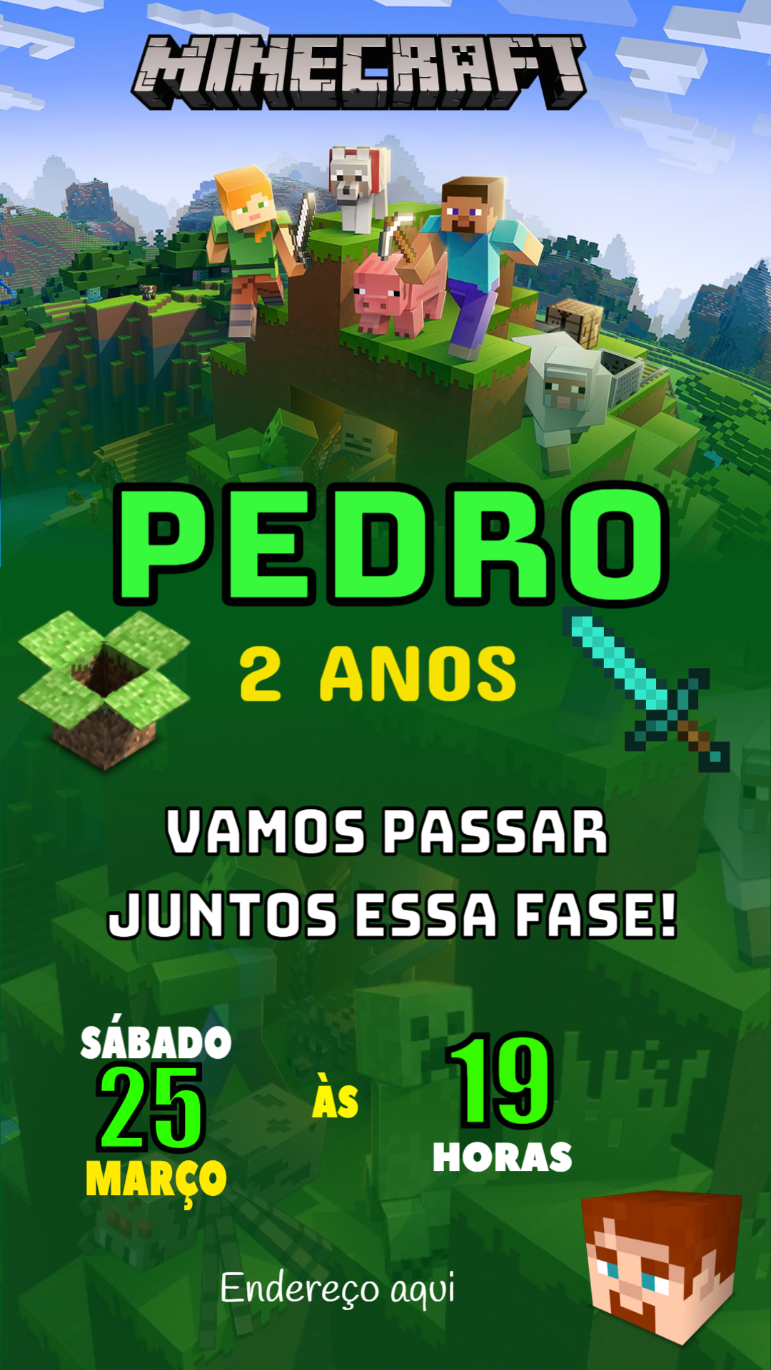 Convite de Aniversário Minecraft com Personagens para Editar