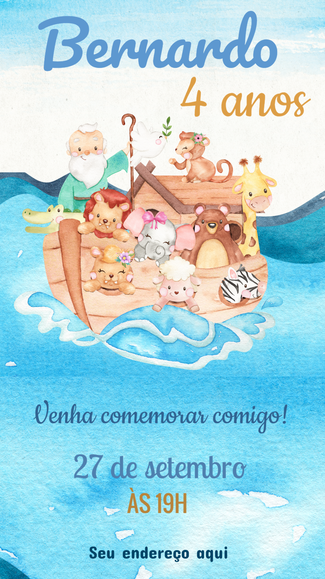 Convite de Aniversário Arca de Noé Aquarela para Editar Online