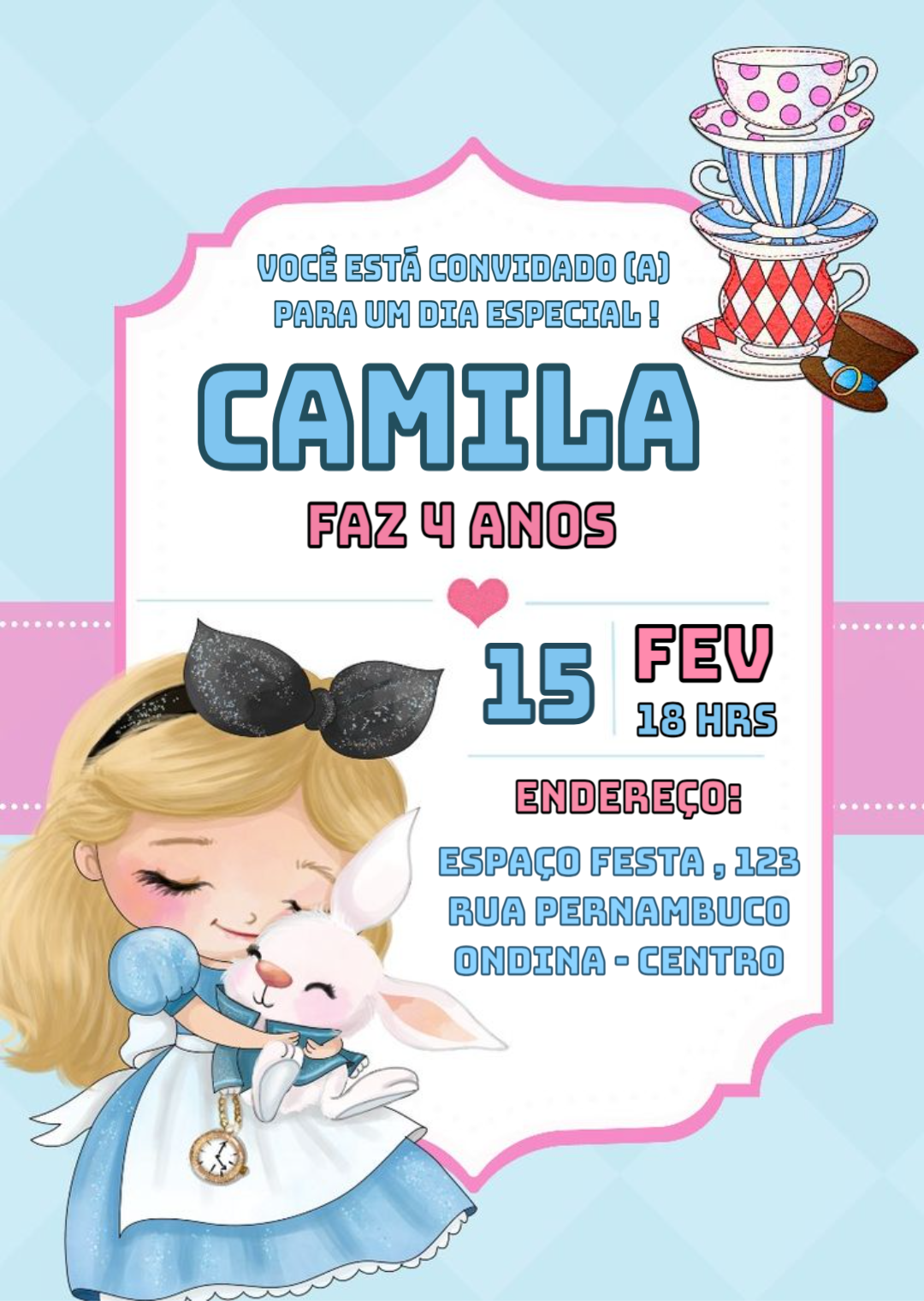 Convite Digital Infantil Alice no País das Maravilhas para Editar