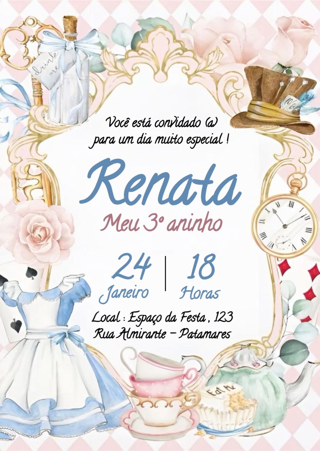 Convite Alice no País das Maravilhas em Aquarela para Editar