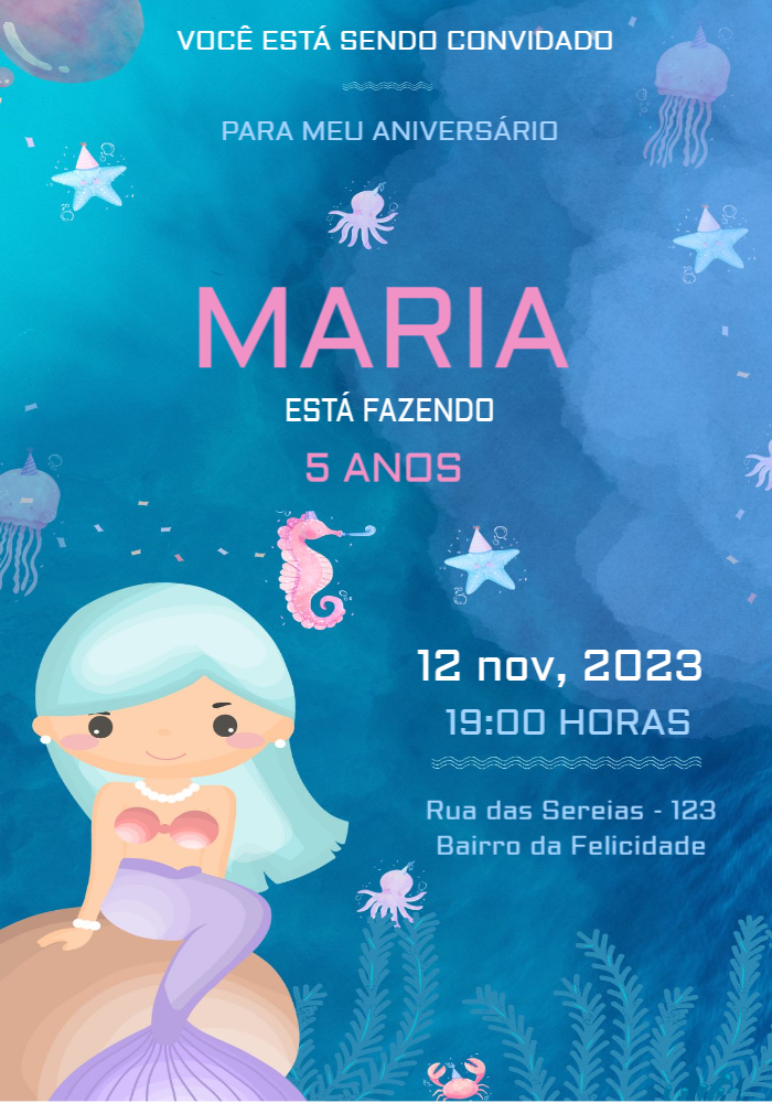 Convite de Aniversário Sereia Fundo do Mar Editável