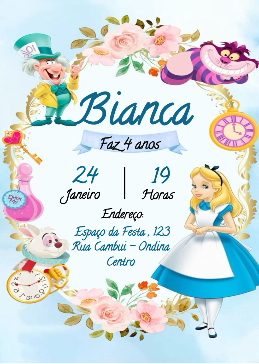 Convite Digital Alice no País das Maravilhas Floral Editável