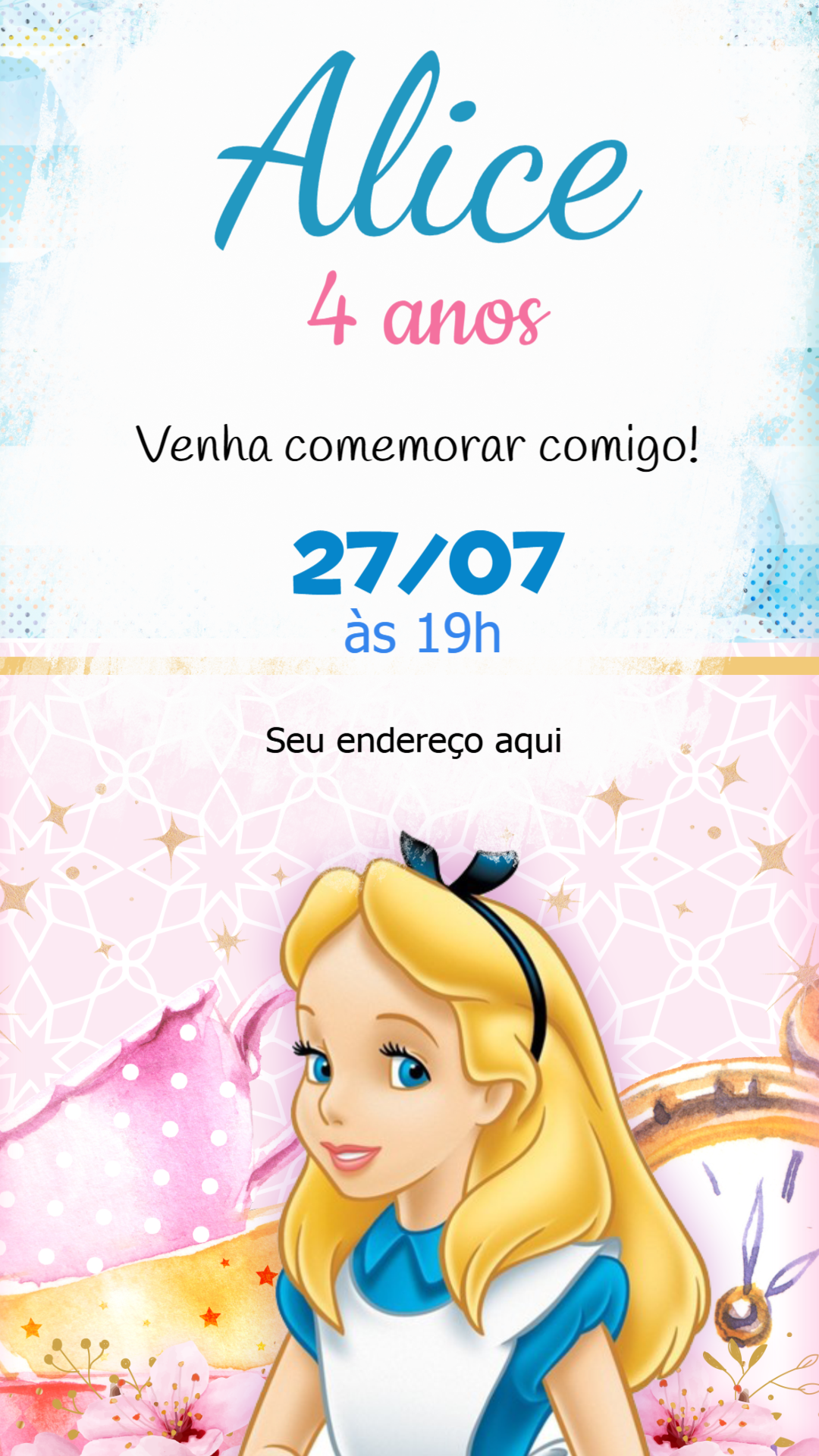 Convite de Aniversário Alice no País das Maravilhas para Editar