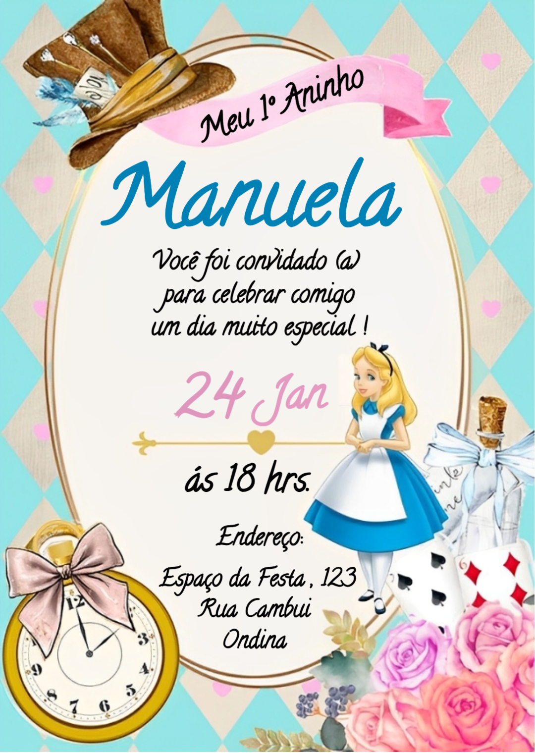 Convite Digital Infantil Alice no País das Maravilhas para Editar