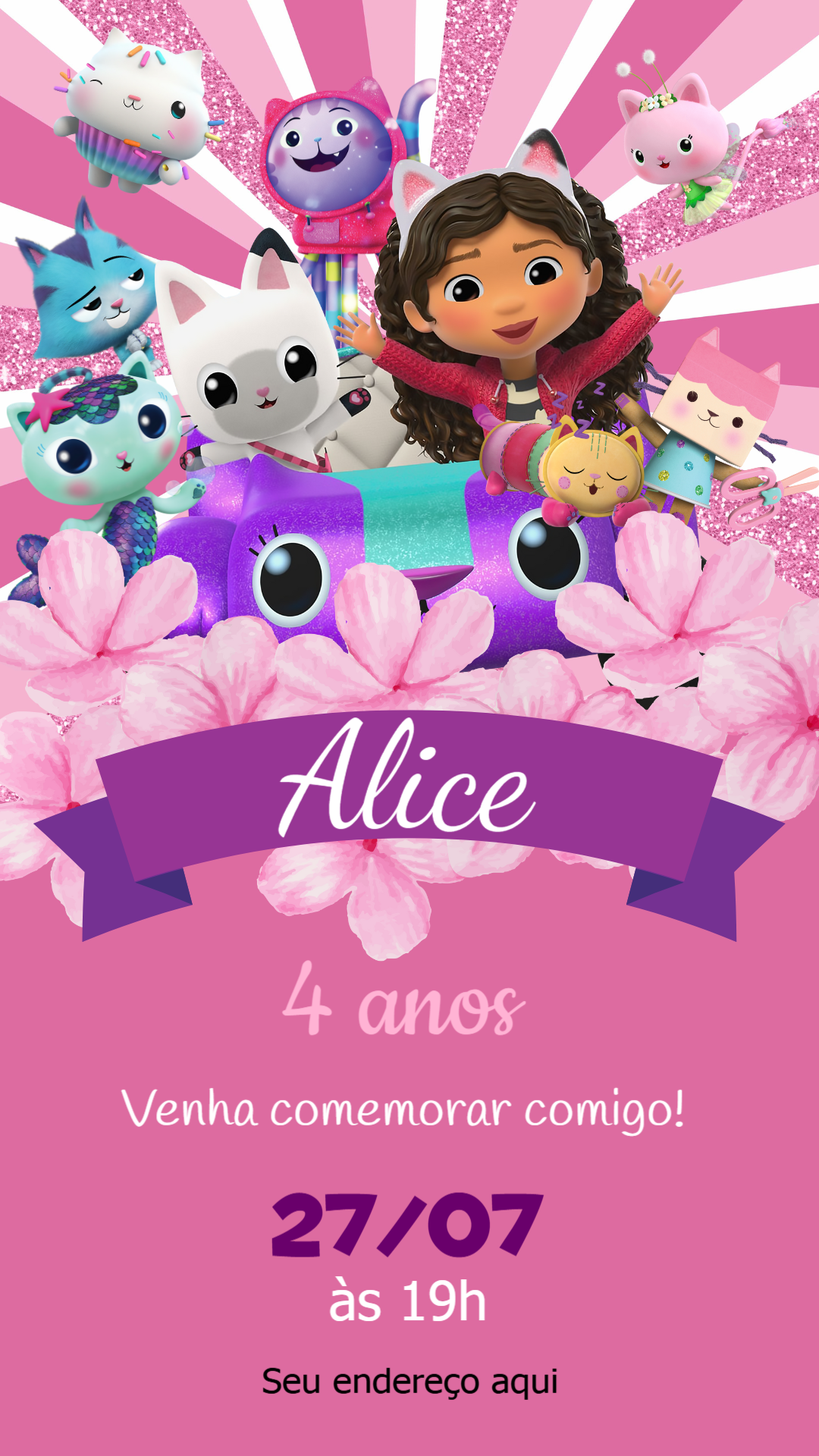 Invitación de cumpleaños La casa de muñecas de Gabby – Estático – MR Produções