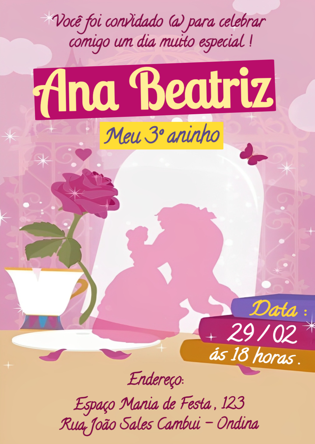 Convite de Aniversário A Bela e a Fera Rosa para Editar