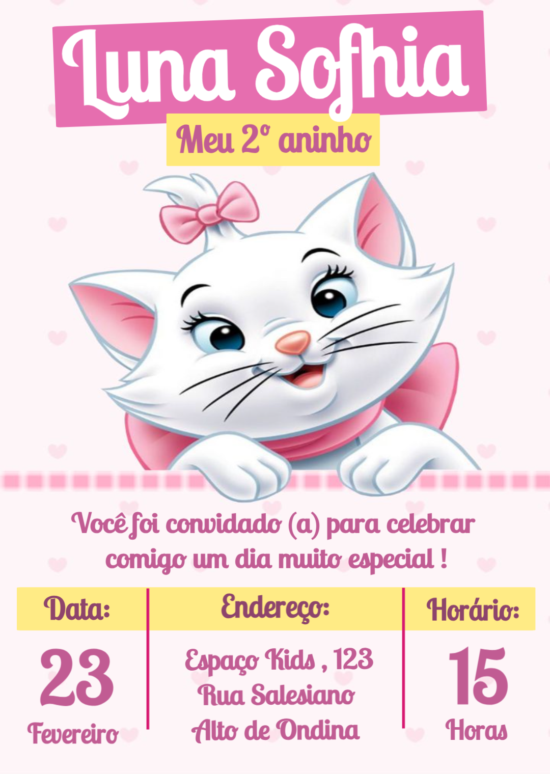 Convite de Aniversário Gatinha Marie Rosa para Editar Online