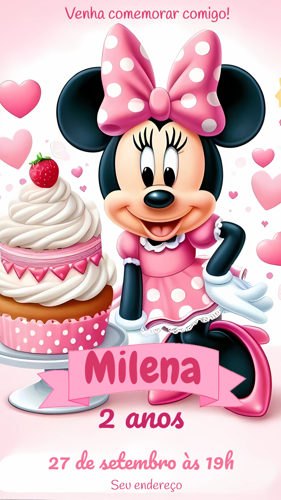 Convite de Aniversário Minnie Confeiteira Rosa para Editar