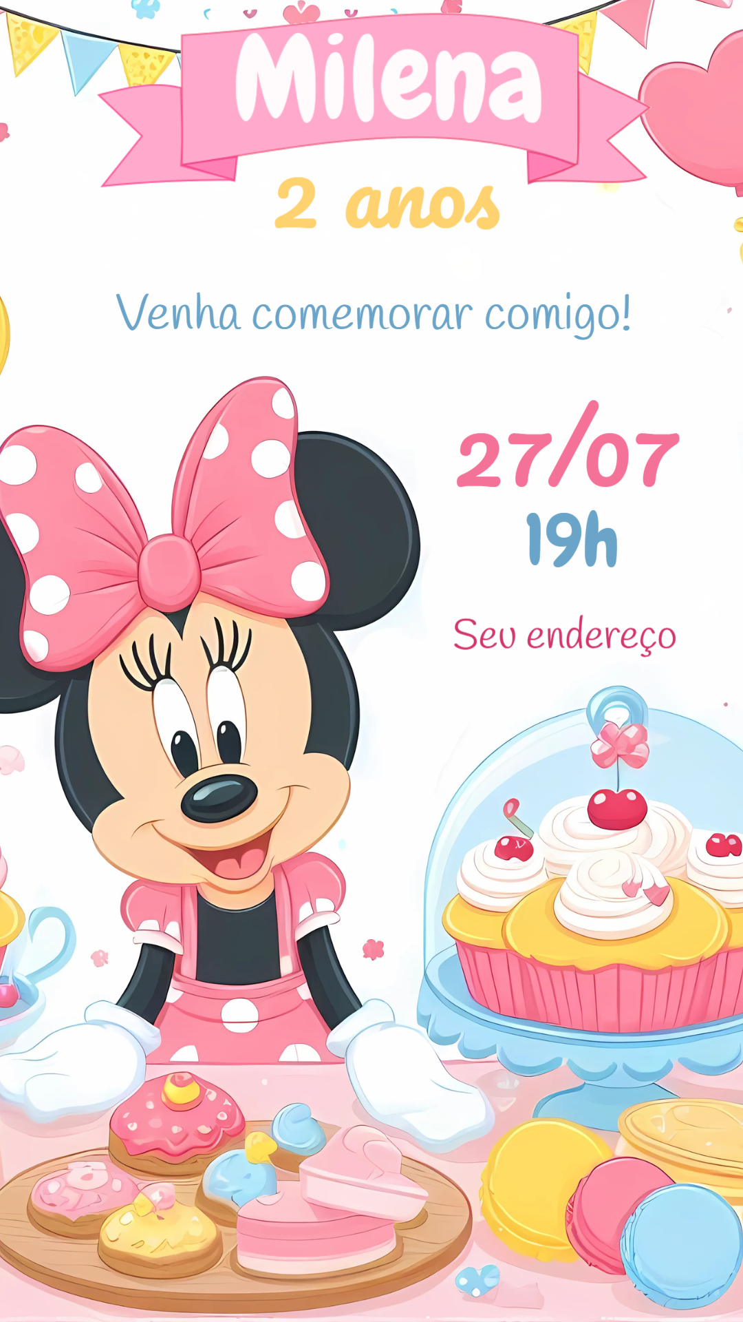 Convite Aniversário Minnie Confeiteira Rosa para Editar Online