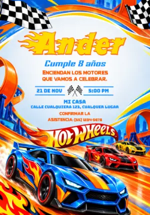 Invitación de Cumpleaños Hot Wheels Carrera Ardiente Editable