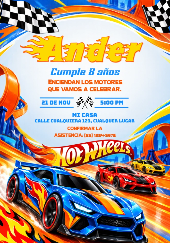 Invitación de Cumpleaños Hot Wheels Carrera Ardiente Editable Invitación de Cumpleaños Hot Wheels Carrera Ardiente Editable