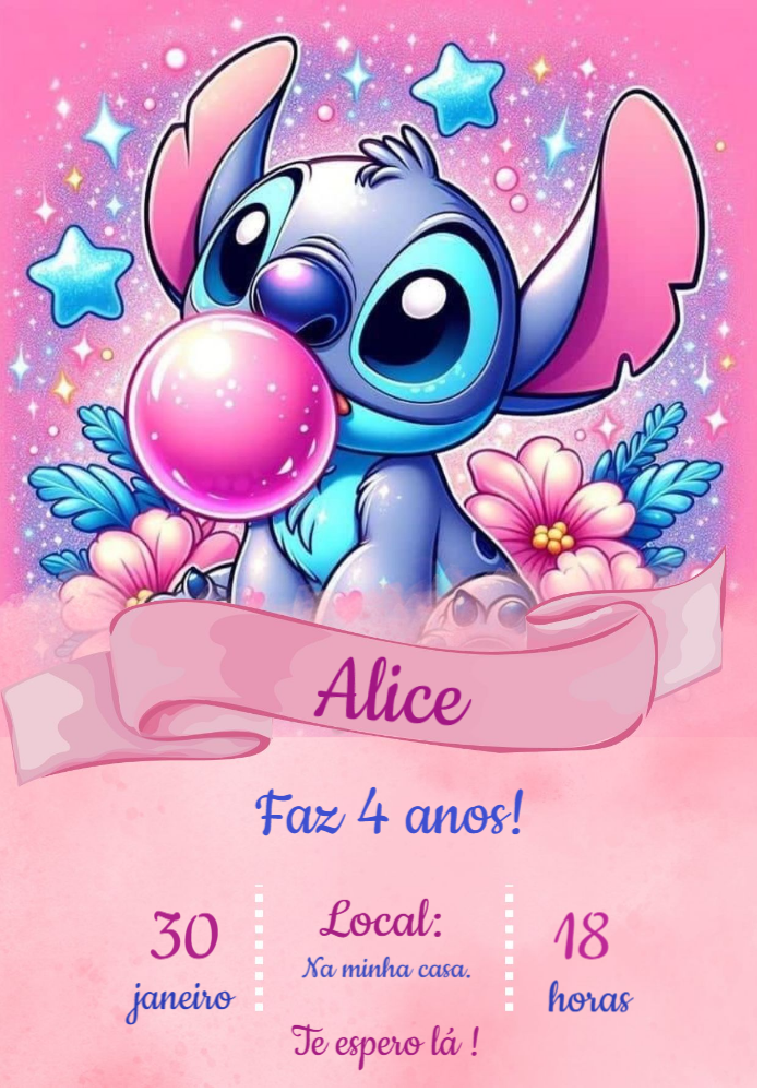 Convite de Aniversário Stitch Rosa para Editar Online
