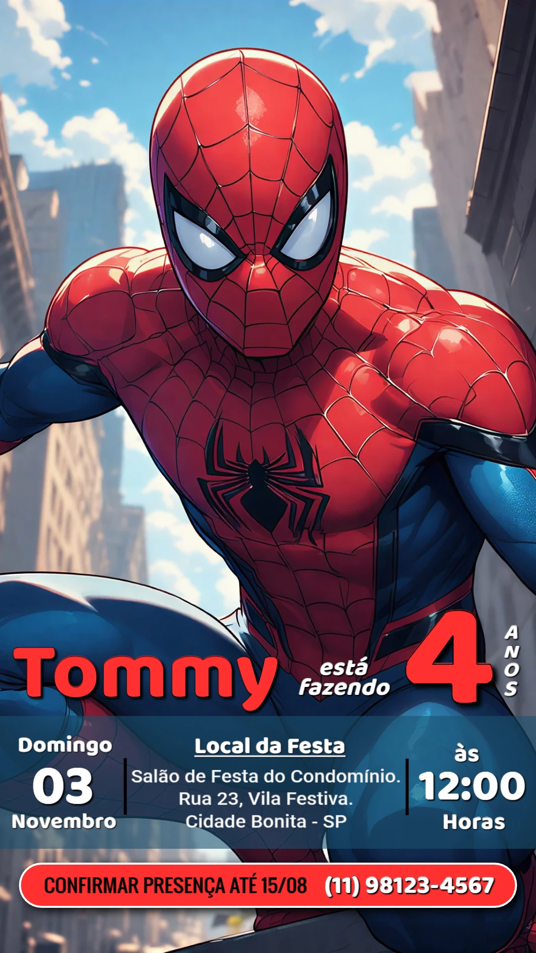 Convite de Aniversário Homem-Aranha: Modelo Digital Editável Convite de Aniversário Homem-Aranha: Modelo Digital Editável