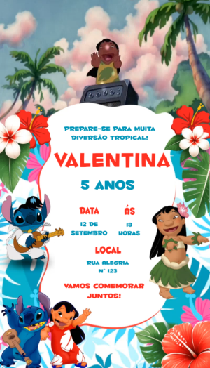 Vídeo Convite Lilo & Stitch: Aniversário Tropical Editável
