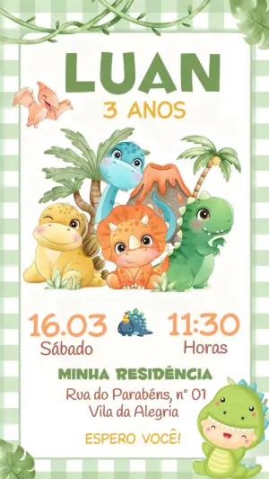 Convite de Aniversário Dino Baby Aquarela para Editar Online