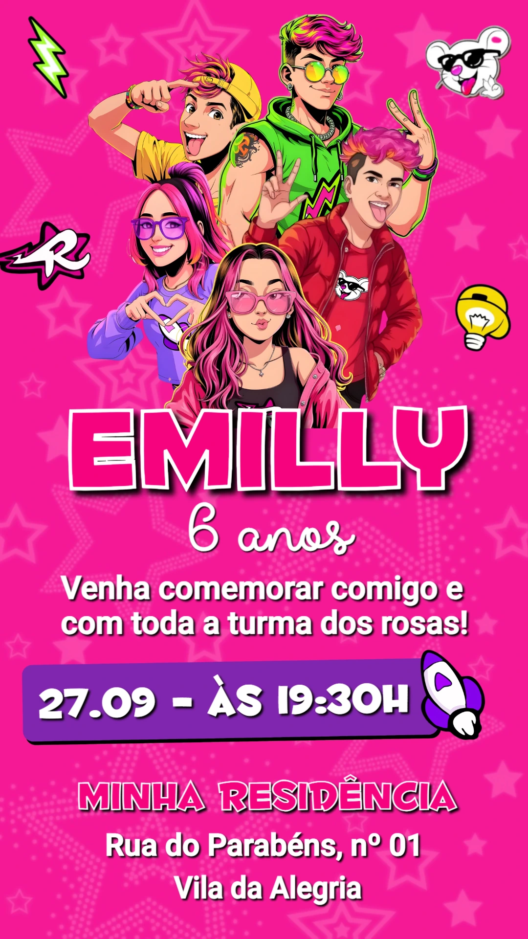 Convite de Aniversário Emilly Vick dos Rosas Editável Convite de Aniversário Emilly Vick dos Rosas Editável