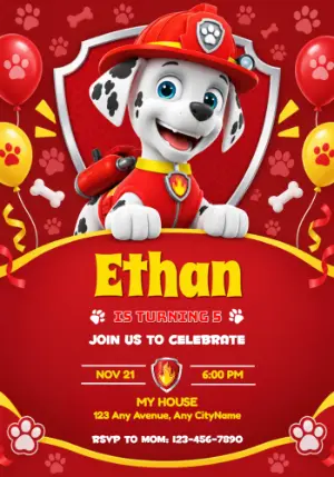 Marshall Paw Patrol Birthday Invitation | Editable Fire Pup Template