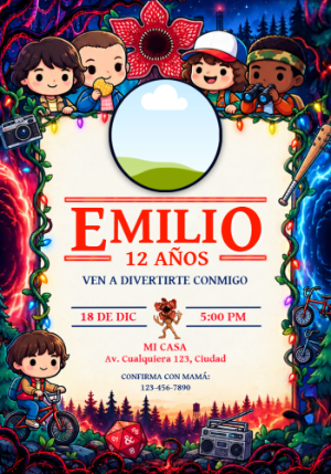 Invitación de Cumpleaños Stranger Things con Foto para Editar