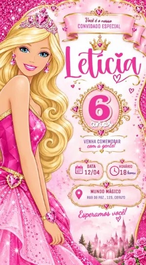 Convite de Aniversário Barbie Editável Online para Festa Infantil