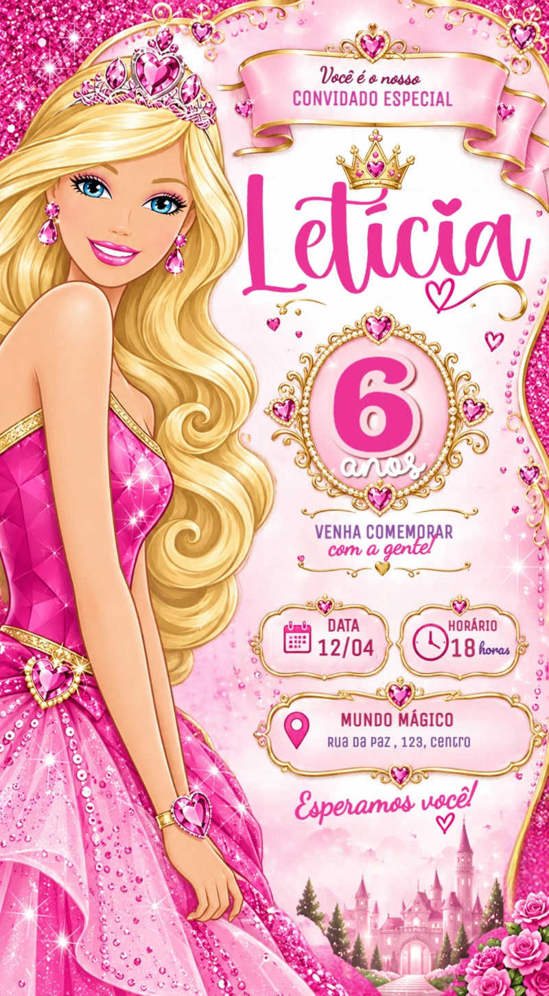 Convite de Aniversário Barbie Editável Online para Festa Infantil Convite de Aniversário Barbie Editável Online para Festa Infantil