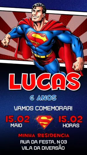Convite de Aniversário Super Homem Voando Estilo Quadrinhos Editável
