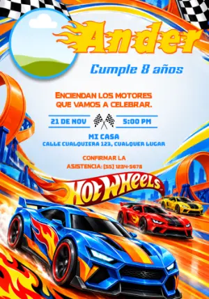 Invitación de Cumpleaños Hot Wheels con Foto para Editar