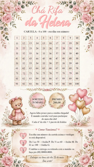 Chá Rifa Ursinha Floral Editável para Chá de Fraldas