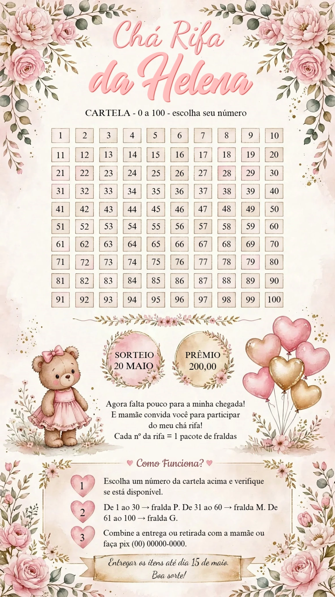 Chá Rifa Ursinha Floral Editável para Chá de Fraldas Chá Rifa Ursinha Floral Editável para Chá de Fraldas