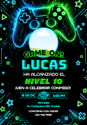 Invitación de Cumpleaños Gamer Neón para Editar