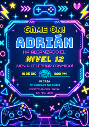 Invitación de Cumpleaños Gamer Neón para Editar Online