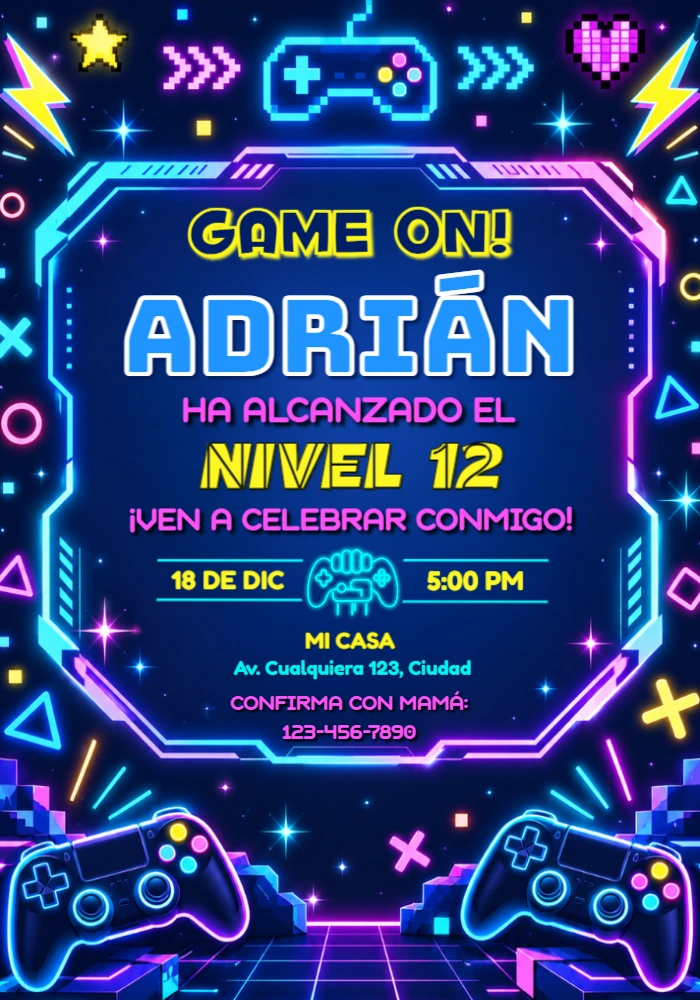 Invitación de Cumpleaños Gamer Neón para Editar Online Invitación de Cumpleaños Gamer Neón para Editar Online