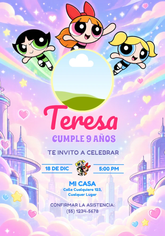 Invitación de Cumpleaños Las Chicas Superpoderosas con Foto Editable Invitación de Cumpleaños Las Chicas Superpoderosas con Foto Editable