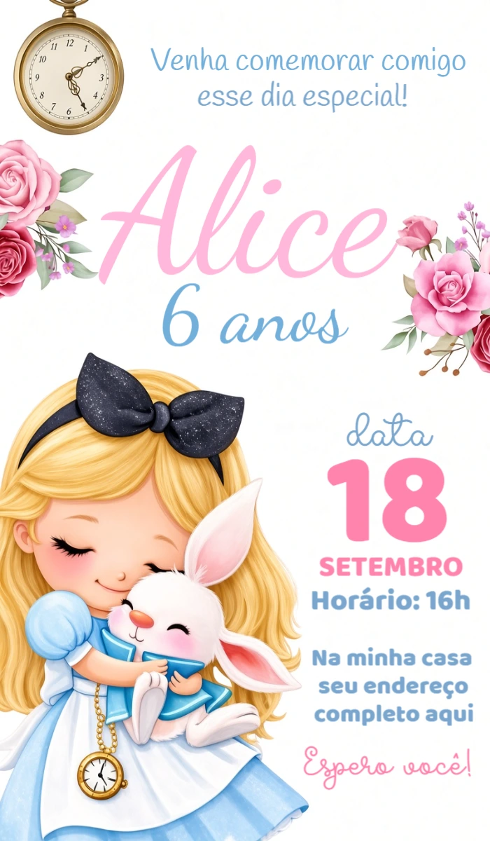 Convite de Aniversário Alice no País das Maravilhas Editável Convite de Aniversário Alice no País das Maravilhas Editável