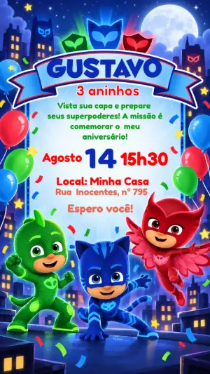 Convite de Aniversário PJ Masks Editável para Menino