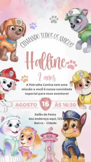 Convite Animado Patrulha Canina Aquarela para Editar Online