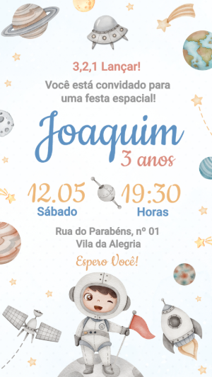 Convite de Aniversário Infantil Astronauta Editável