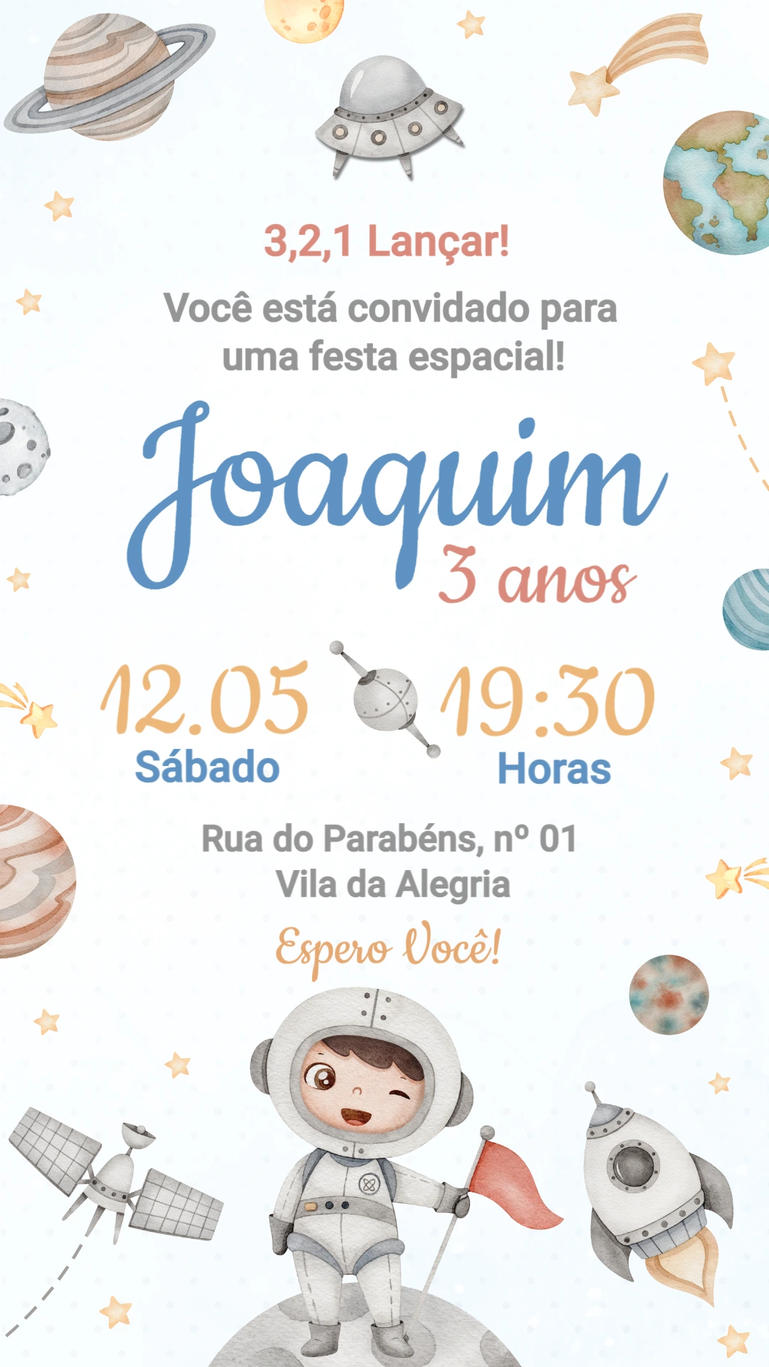 Convite de Aniversário Infantil Astronauta Editável Convite de Aniversário Infantil Astronauta Editável