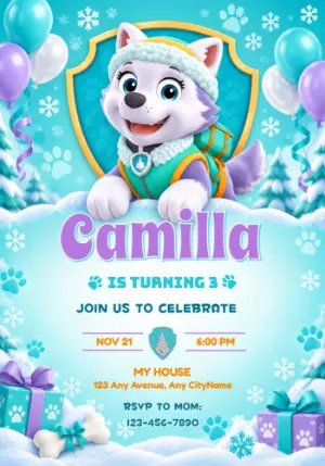 Everest Paw Patrol Snowy Birthday Invitation Editable Template