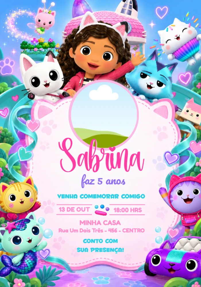 Convite A Casa Mágica da Gabby com foto para editar Convite A Casa Mágica da Gabby com foto para editar