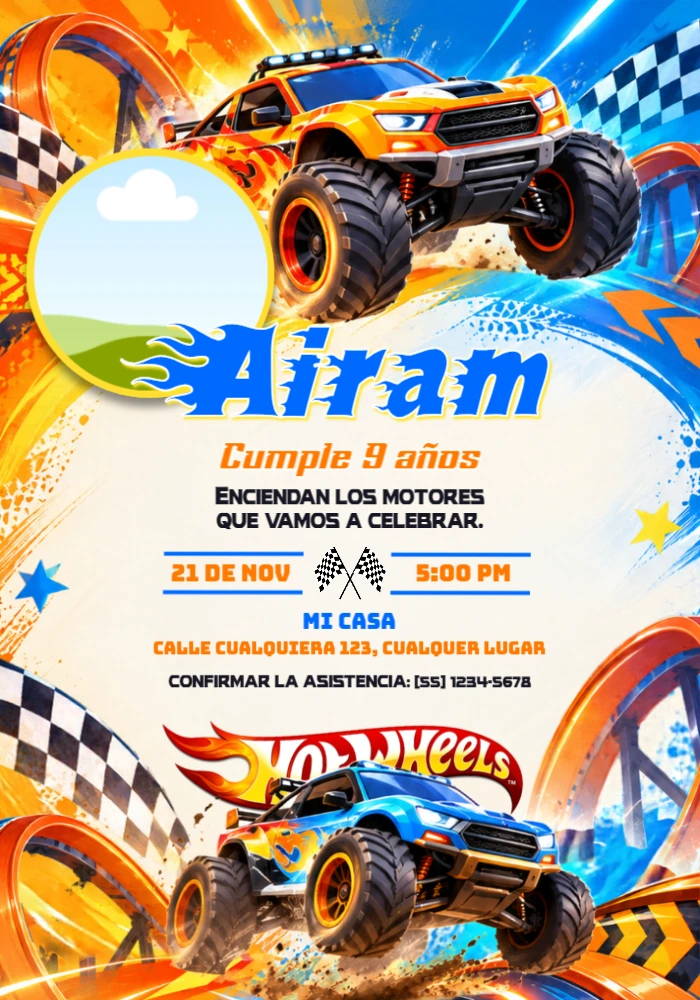 Invitación Hot Wheels Monster Trucks Carrera Extrema para Editar Invitación Hot Wheels Monster Trucks Carrera Extrema para Editar