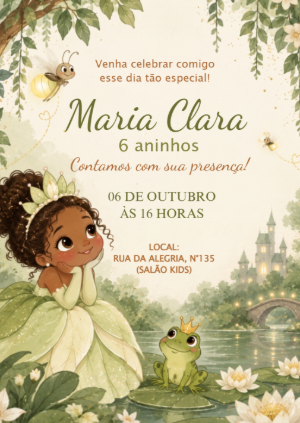 Convite Editável Aniversário A Princesa e o Sapo Tiana