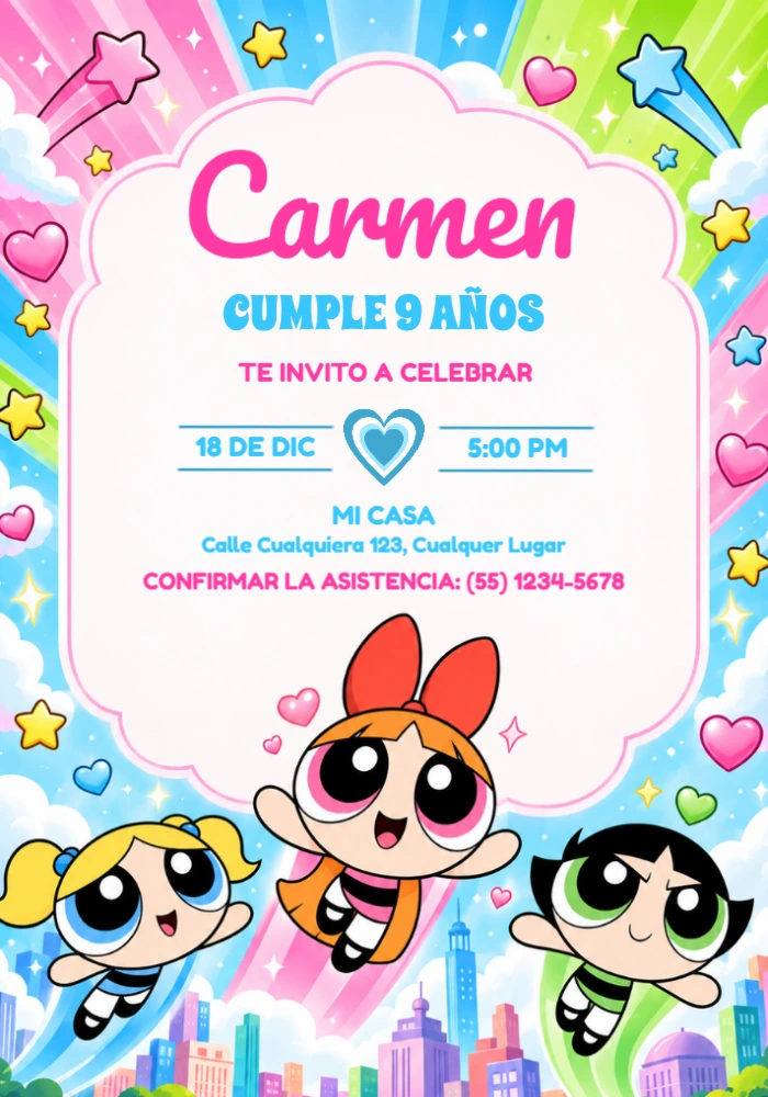 Invitación de Cumpleaños Las Chicas Superpoderosas Editable Invitación de Cumpleaños Las Chicas Superpoderosas Editable