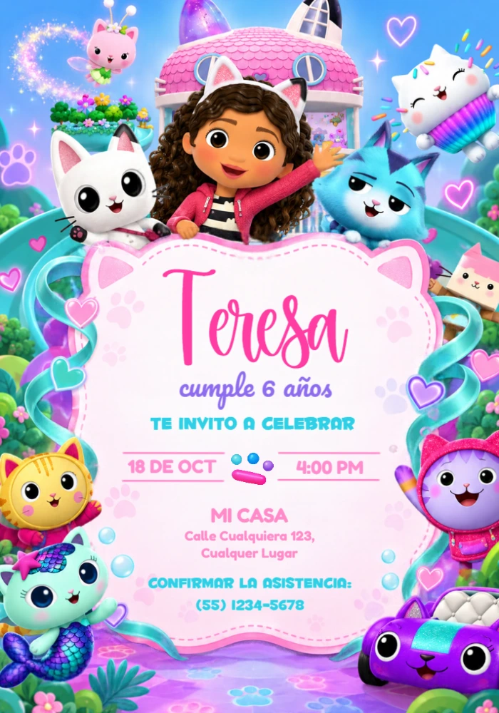 Invitación Cumpleaños La Casa Mágica de Gabby y sus Gatos Editable Invitación Cumpleaños La Casa Mágica de Gabby y sus Gatos Editable