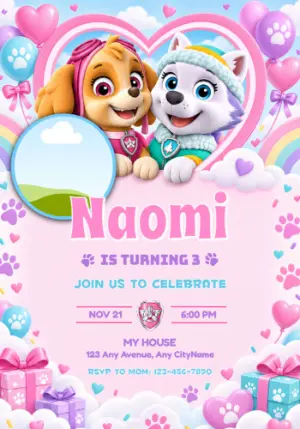 Editable Paw Patrol Birthday Invitation with Skye, Everest & Photo