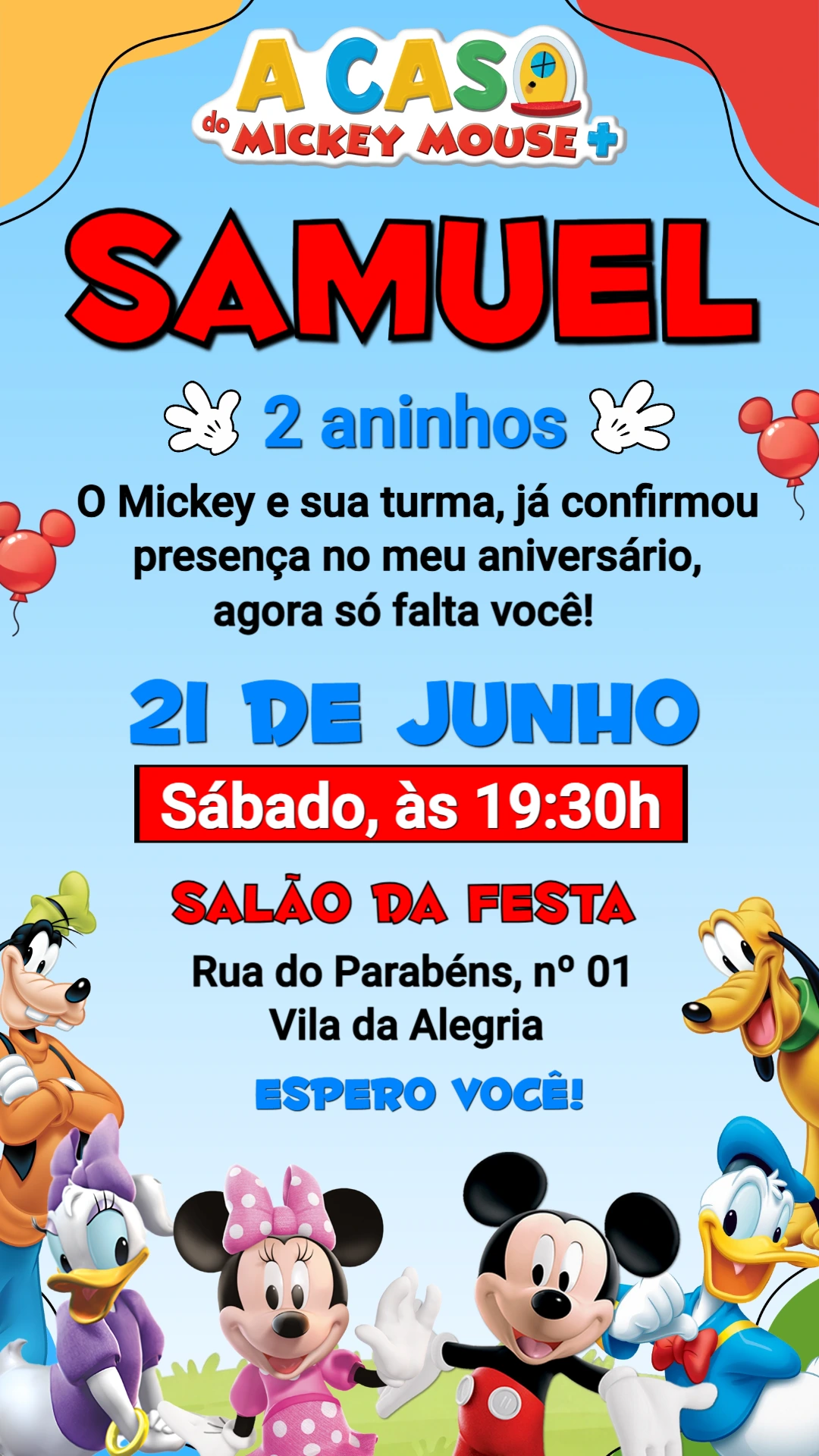 Convite de Aniversário A Casa do Mickey Mouse Editável Convite de Aniversário A Casa do Mickey Mouse Editável