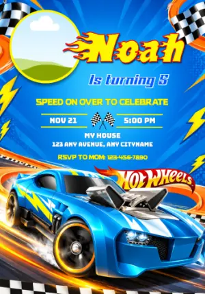 Editable Hot Wheels Birthday Invitation with Fiery Blue Racer