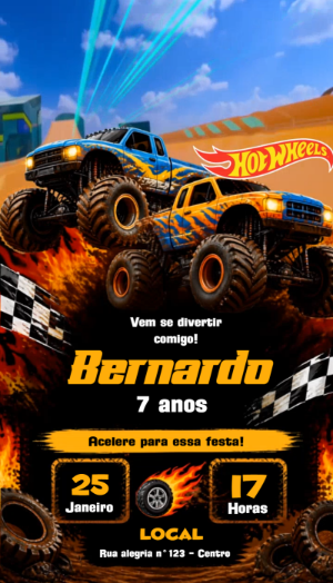 Convite Animado Hot Wheels: Vídeo de Aniversário para Editar