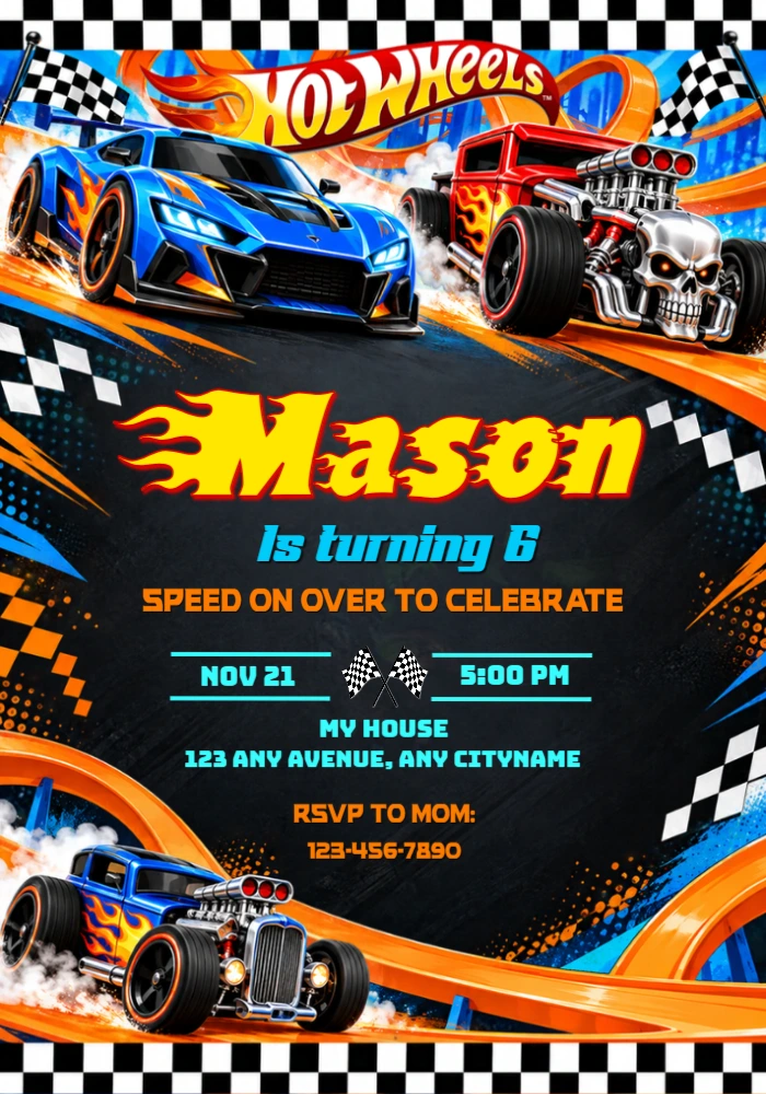 Hot Wheels Birthday Invitation | High-Speed Race Editable Template Hot Wheels Birthday Invitation | High-Speed Race Editable Template