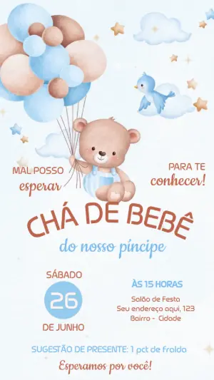 Convite Animado Chá de Bebê Ursinho Baloeiro Flutuando para Editar